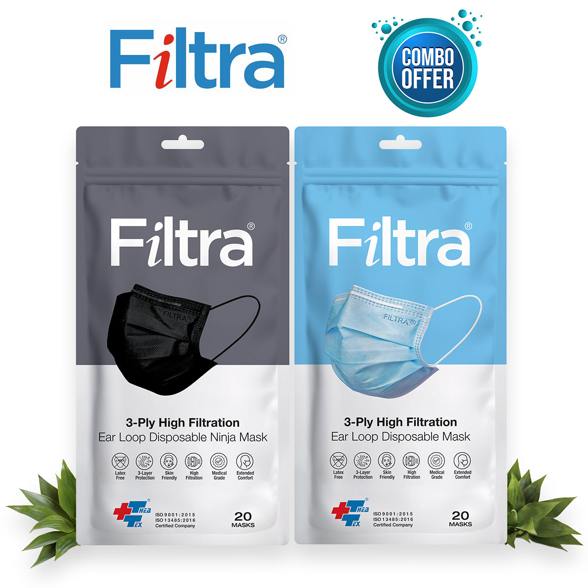 FILTRA® 3-Ply Ear Loop Surgical Mask | Adult | Black+Blue |Pouch of 20 Masks