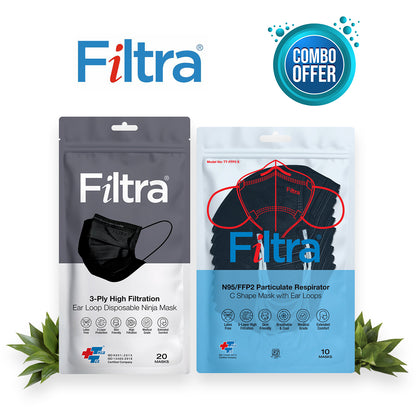 FILTRA® 3-Ply Ear Loop Surgical Mask & N95 Mask with Ear Loops | Black+Black |Pouch of 20+Pouch of 10 Masks