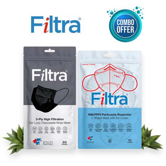 FILTRA® 3-Ply Ear Loop Surgical Mask & N95 Mask with Ear Loops | Black+White |Pouch of 20+Pouch of 10 Masks