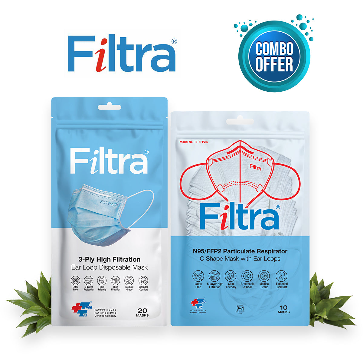 FILTRA® 3-Ply Ear Loop Surgical Mask & N95 Mask with Ear Loops | Blue+White |Pouch of 20+Pouch of 10 Masks