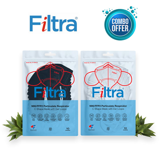 FILTRA® N95 Mask with Ear Loops | Black+White | Pouch of 20 Masks