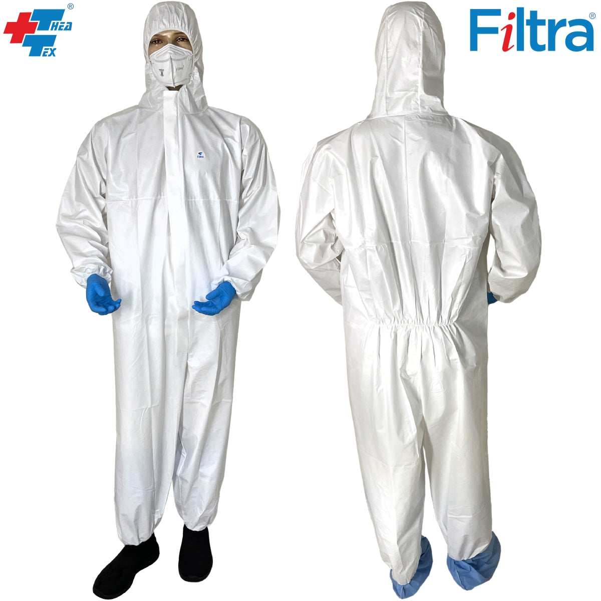 A person wearing a Filtra protective coverall made from nonwoven fabric, ideal for industrial and hygiene use.