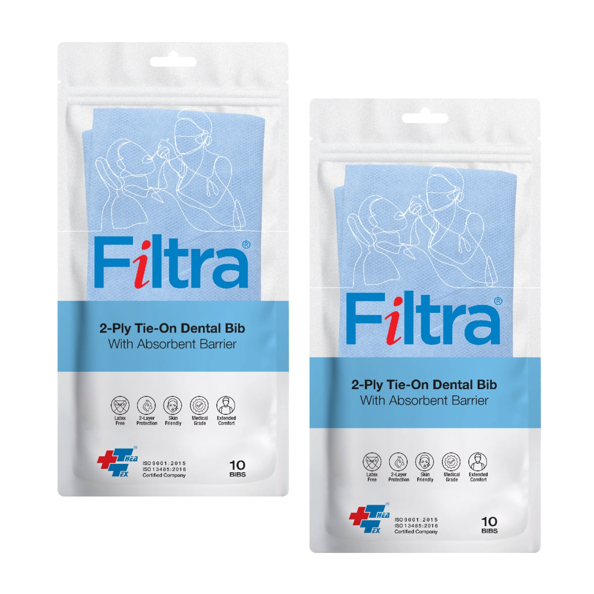 FILTRA® Disposable Dental Bib with Neck Ties | Blue | Zip Lock Pouch of 10 Bibs | [10 count (Pack of 2)]