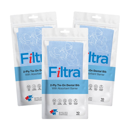 FILTRA® Disposable Dental Bib with Neck Ties | Blue | Zip Lock Pouch of 10 Bibs