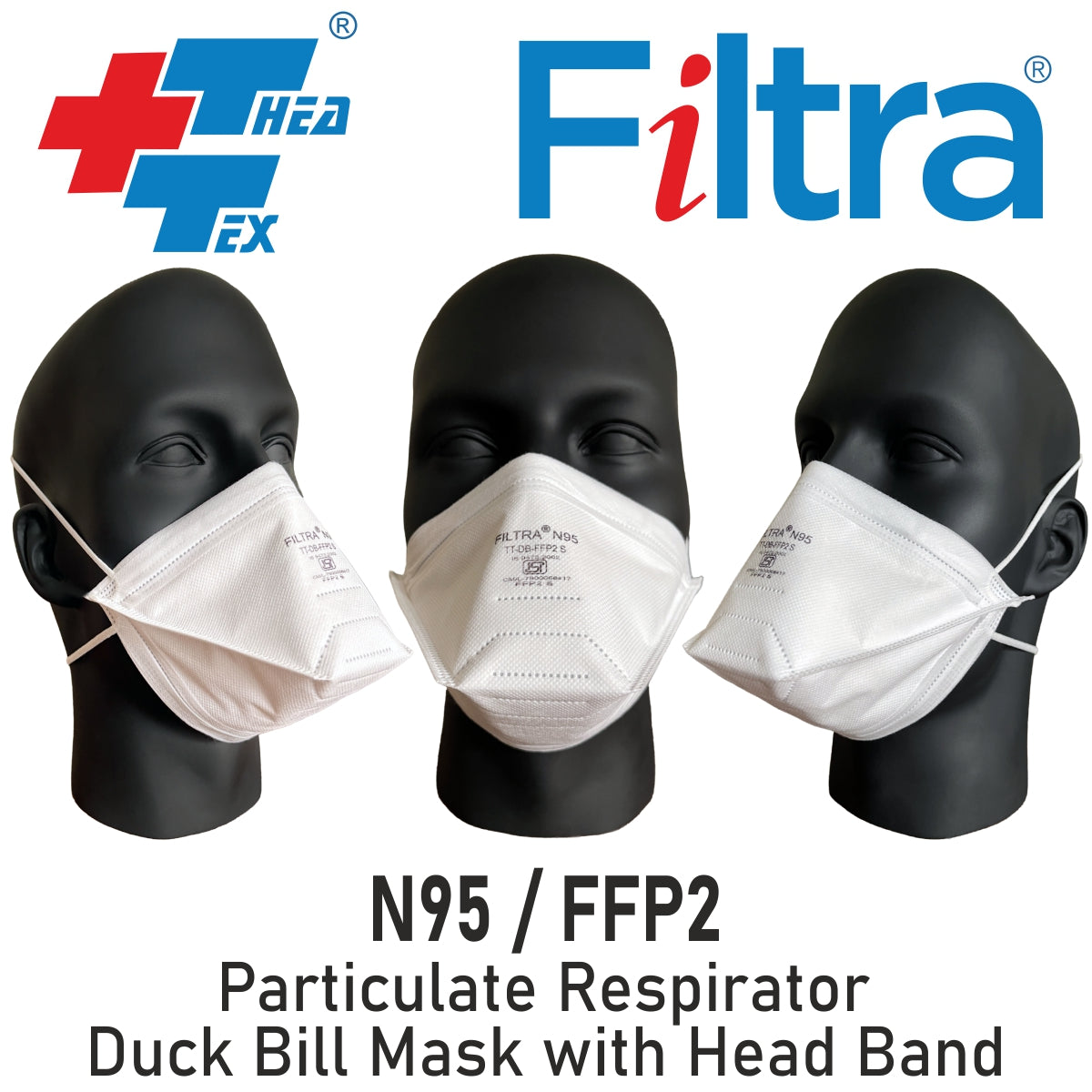 Filtra Duckbill Headband FFP2 N95 Mask White – Filtra Duckbill-style FFP2 N95 mask with headband in a white variant.