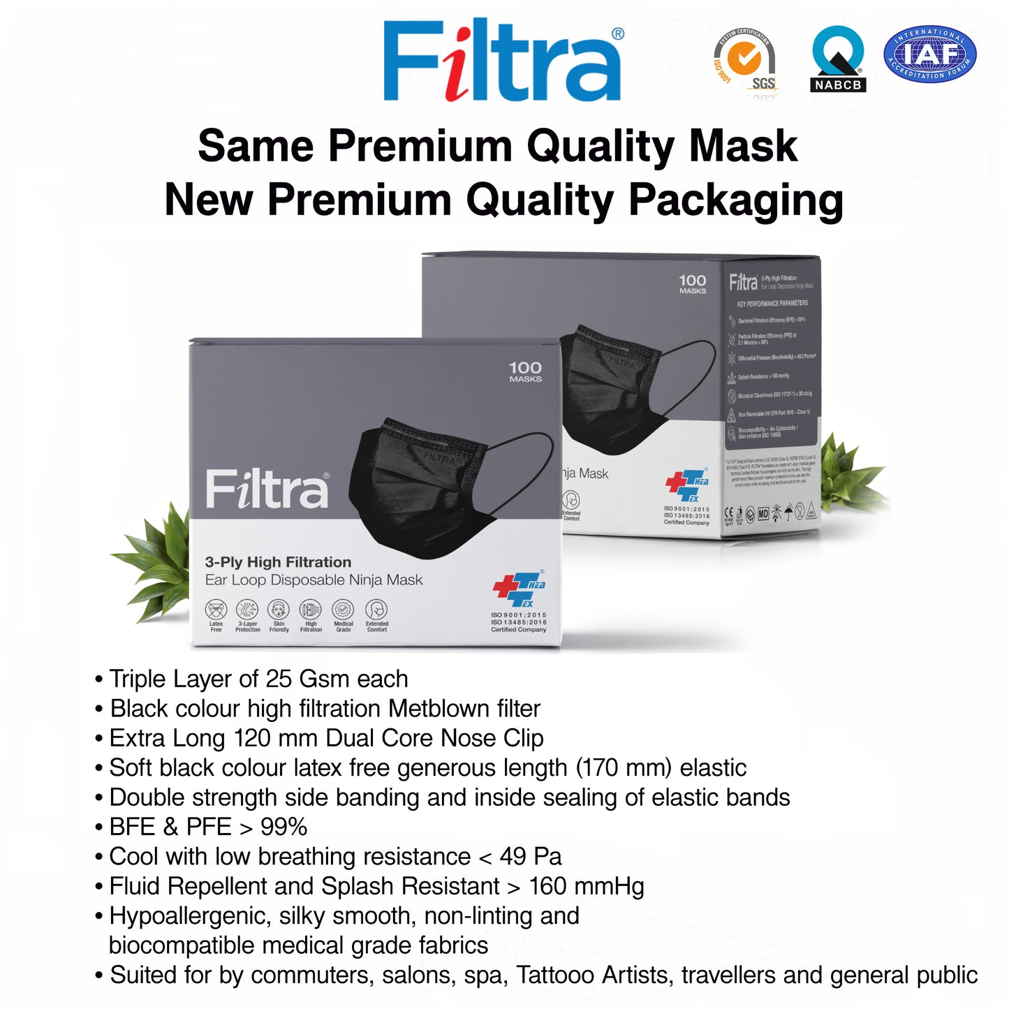 Black 3-Ply Ear Loop Surgical Mask Pouch of 20+Box of 100 Masks