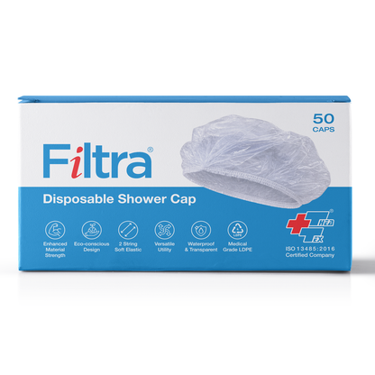 Transparent Disposable PE Shower Cap Box of 50 Pcs