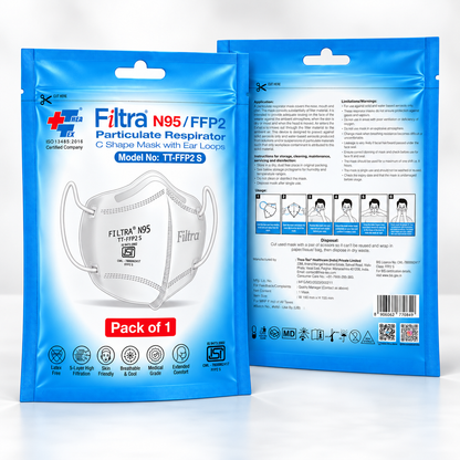White N95 Mask with Ear Loops 10 Single Packs of 1 Mask (Pack of 3 Pouch)