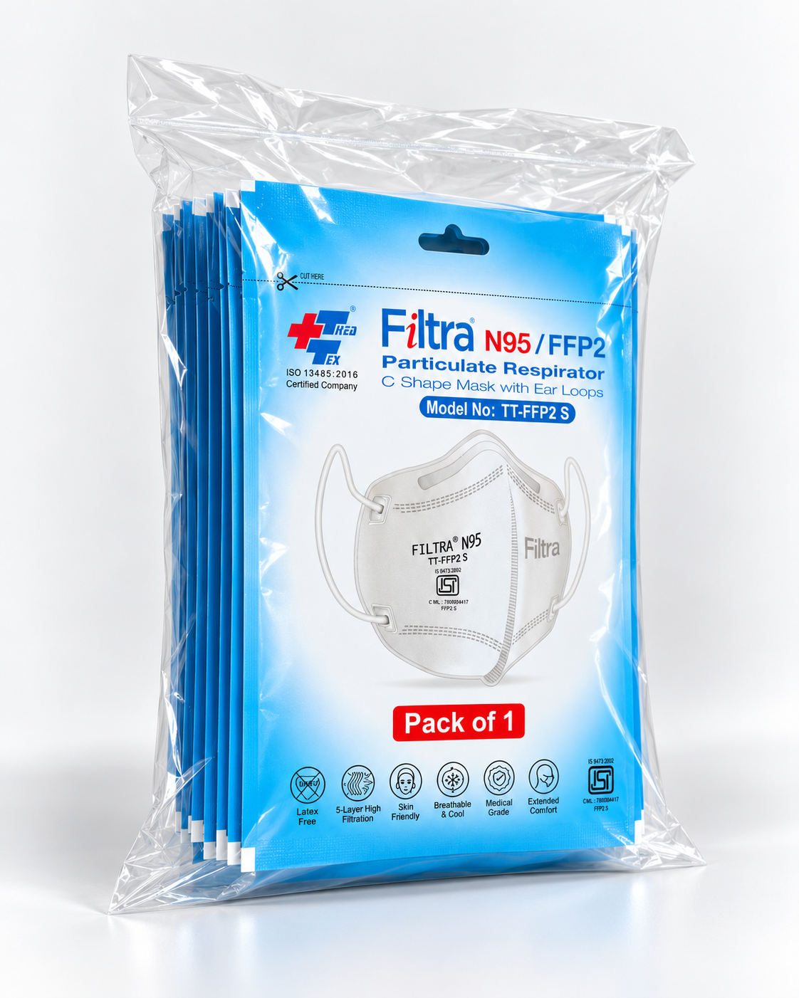 White N95 Mask with Ear Loops 10 Single Packs of 1 Mask (Pack of 3 Pouch)
