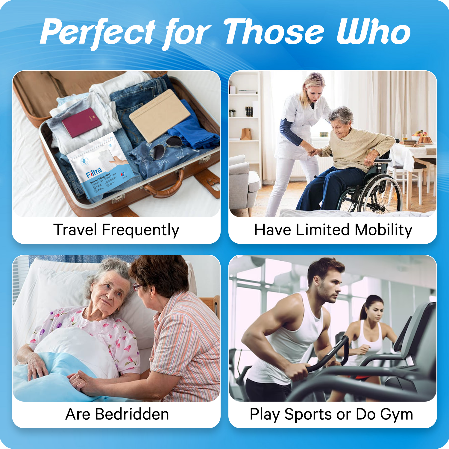 Image showing uses of filtra ultra thick body wipes and saying that it's perfect for people who travel frequently, have limited mobility, are bed ridden or play sports or do gym