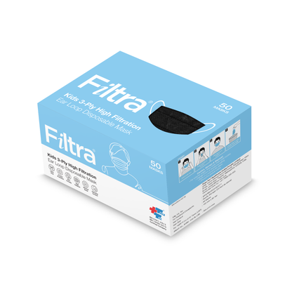 A box of FILTRA Kids 3-Ply High Filtration Ear Loop Disposable Masks, containing 50 black masks.