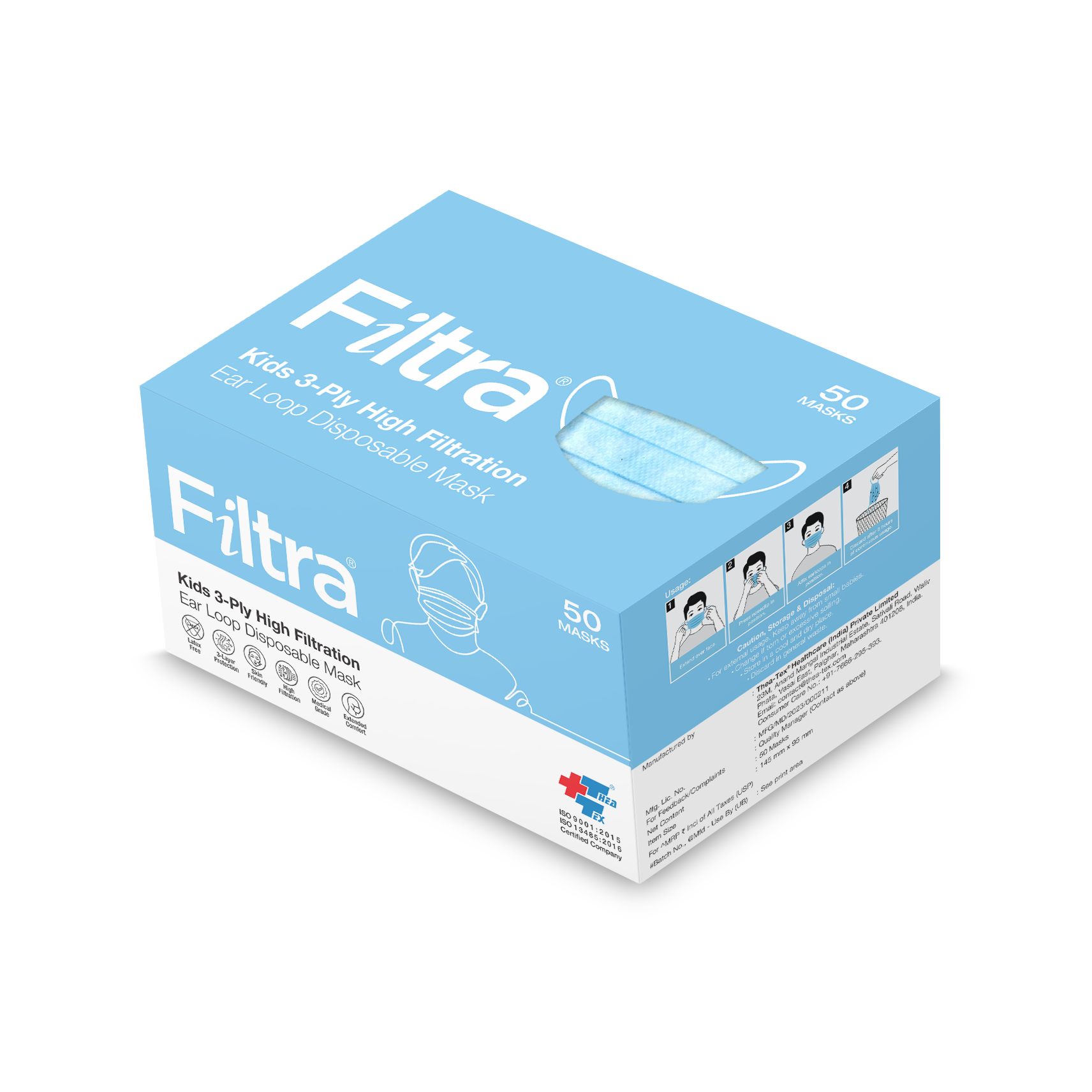 A box of FILTRA Kids 3-Ply High Filtration Ear Loop Disposable Masks, containing 50 blue masks.