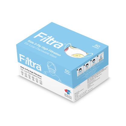 A box of FILTRA Kids 3-Ply High Filtration Ear Loop Disposable Masks, containing 50 masks with a cartoon design.