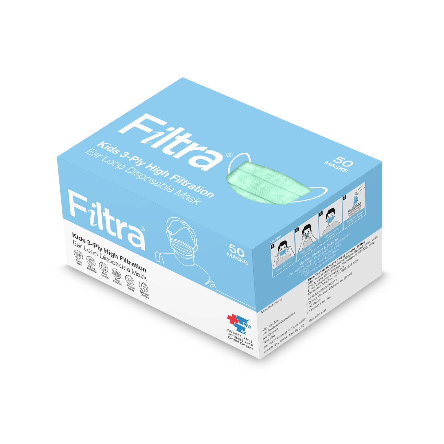 A box of FILTRA Kids 3-Ply High Filtration Ear Loop Disposable Masks, containing 50 green masks.