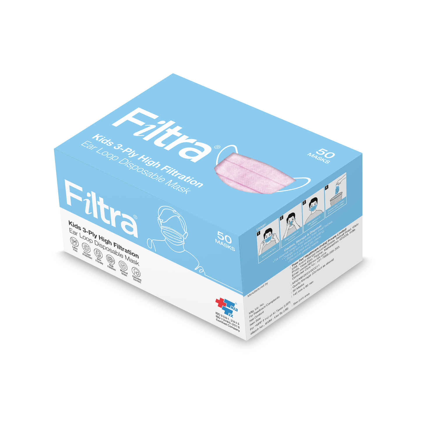 A box of FILTRA Kids 3-Ply High Filtration Ear Loop Disposable Masks, containing 50 pink masks.