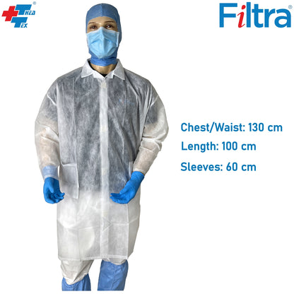 A white Filtra lab coat designed for medical professionals, offering safety and comfort during lab work.