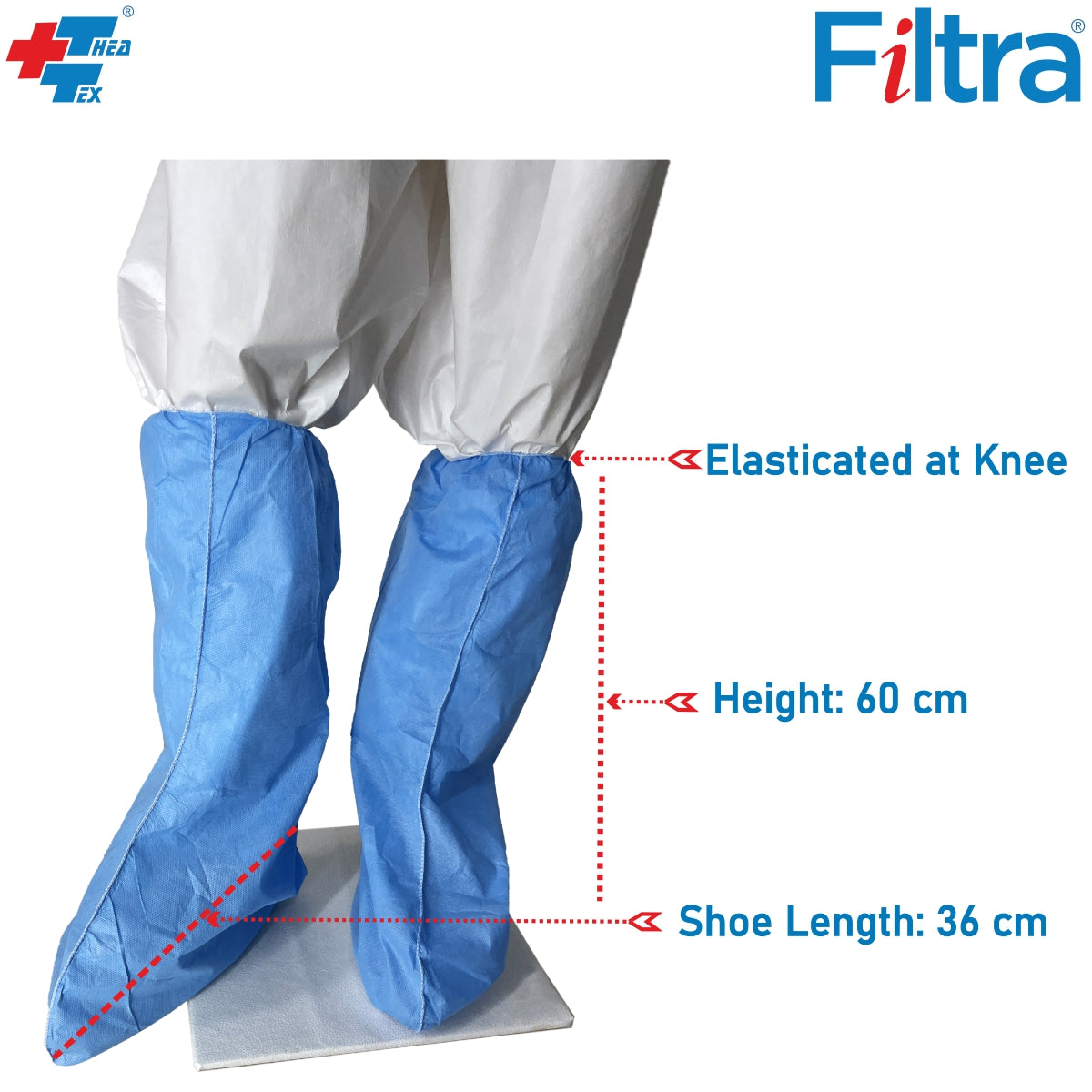 FILTRA blue disposable shoe covers. Elasticated at knee, height 60cm, shoe length 36cm.