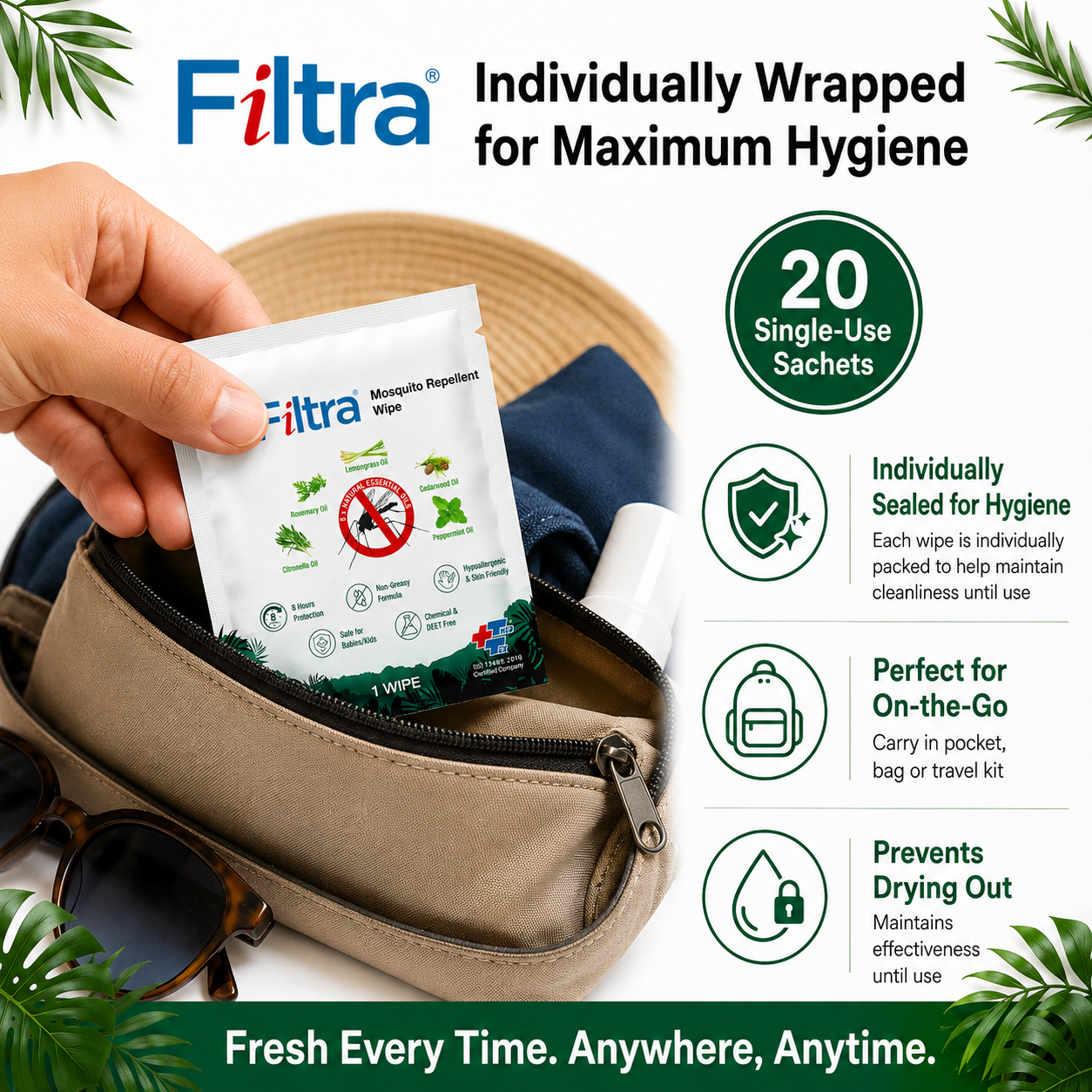 Mosquito Repellent Wipes - Box of 20 Single Sachets