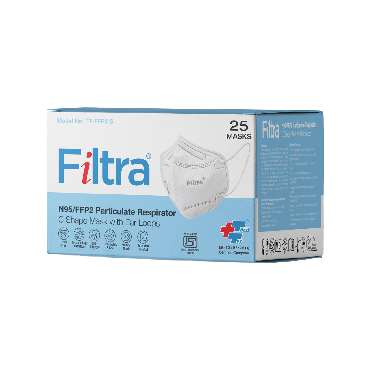 FILTRA® N95 Mask with Ear Loops | White | Box of 25 Masks