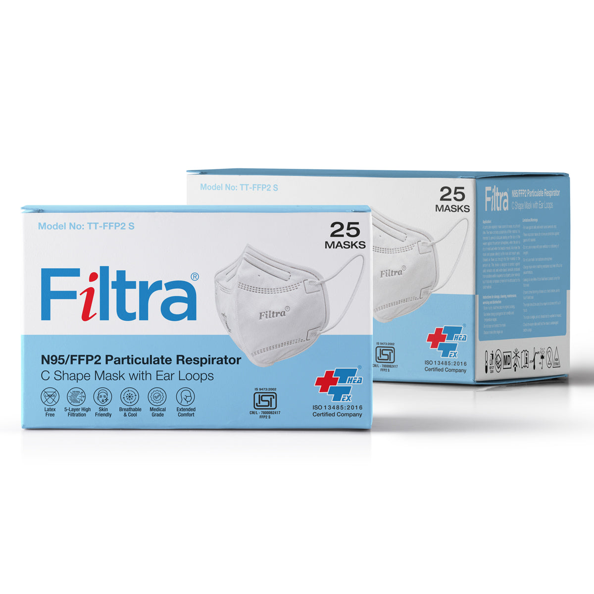 Two boxes of Filtra N95/FFP2 particulate respirator masks, each containing 25 masks with ear loops, displayed side by side.
