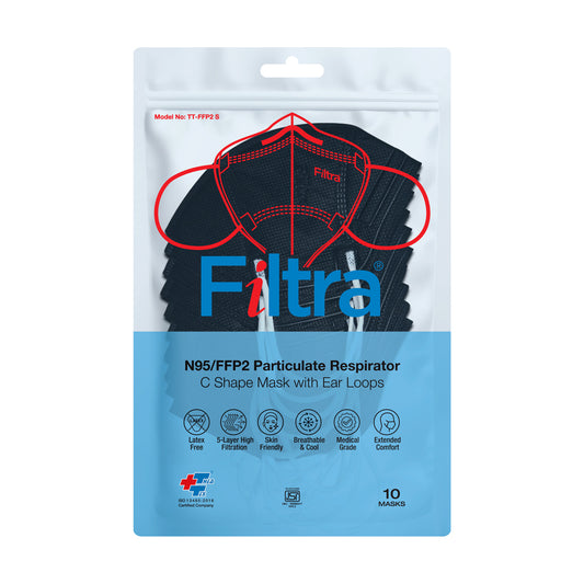 A package of FILTRA N95/FFP2 Particulate Respirator C Shape Masks with Ear Loops, containing 10 black masks.