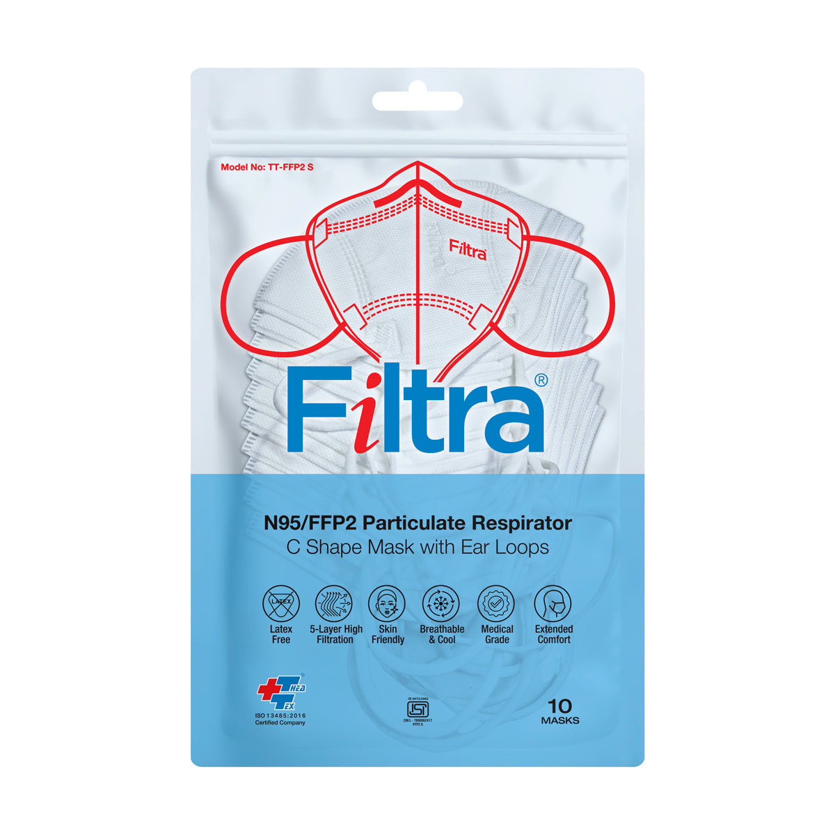 A package of FILTRA N95/FFP2 Particulate Respirator C Shape Masks with Ear Loops, containing 10 masks.