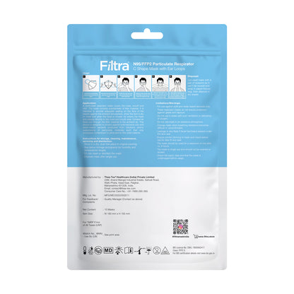 A package of FILTRA N95/FFP2 Particulate Respirator C Shape Masks with Ear Loops, showing instructions for use and manufacturing information.