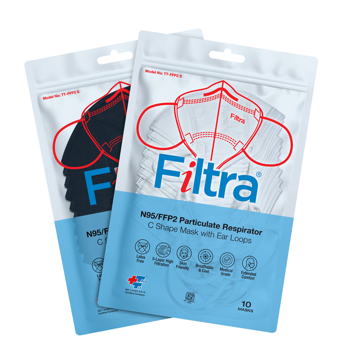 FILTRA® N95 Mask with Ear Loops | White | Pouch of 10 Masks