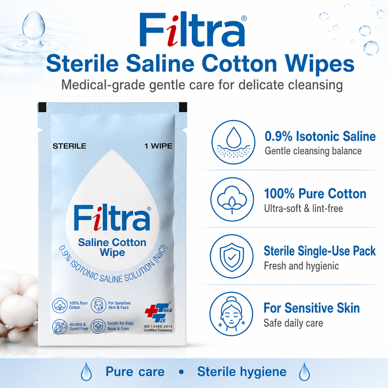 Sterile Saline Cotton Wipes-Box of 30 Single Sachets