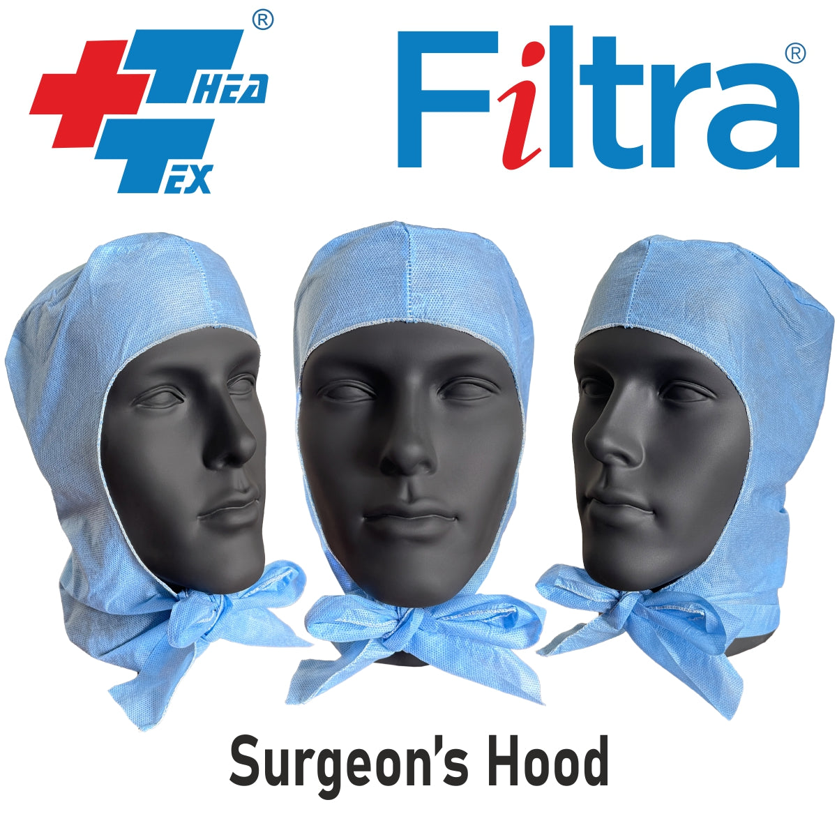 Three mannequins wearing FILTRA® Surgeon's Hood.