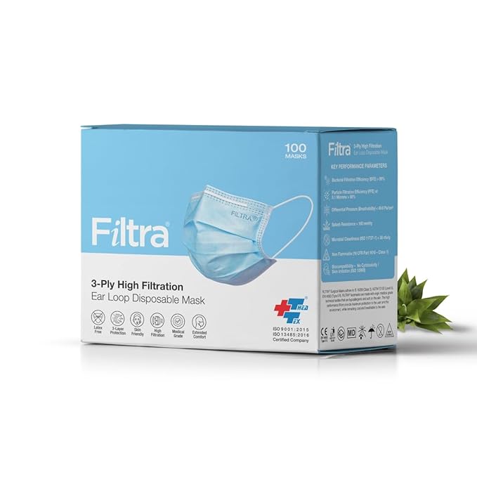 FILTRA® 3-Ply Ear Loop Surgical Mask | Blue | Pack of 10 Boxes X 100 Masks