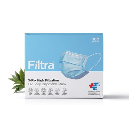 Filtra 3-Ply High Filtration Ear Loop Disposable Mask Box, showcasing 100 masks with high protection and comfort.
