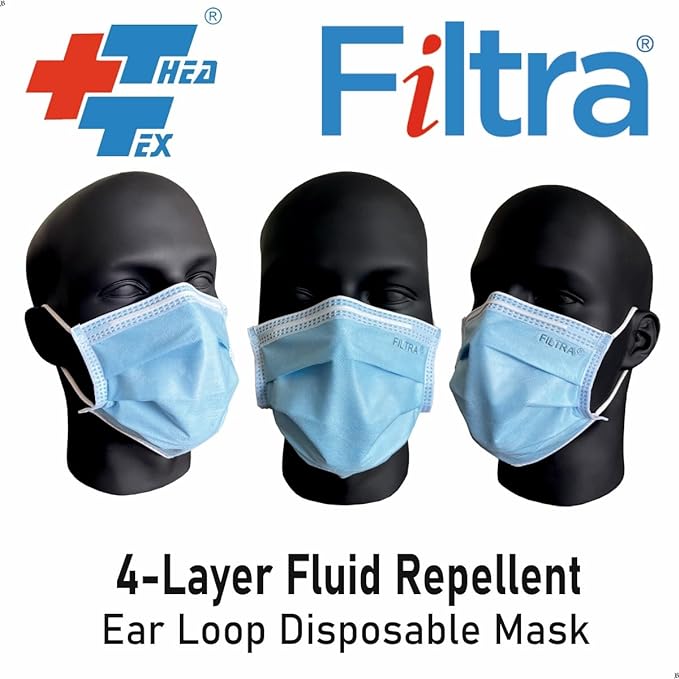 FILTRA 4-layer light blue disposable mask with ear loops. Fluid repellent.