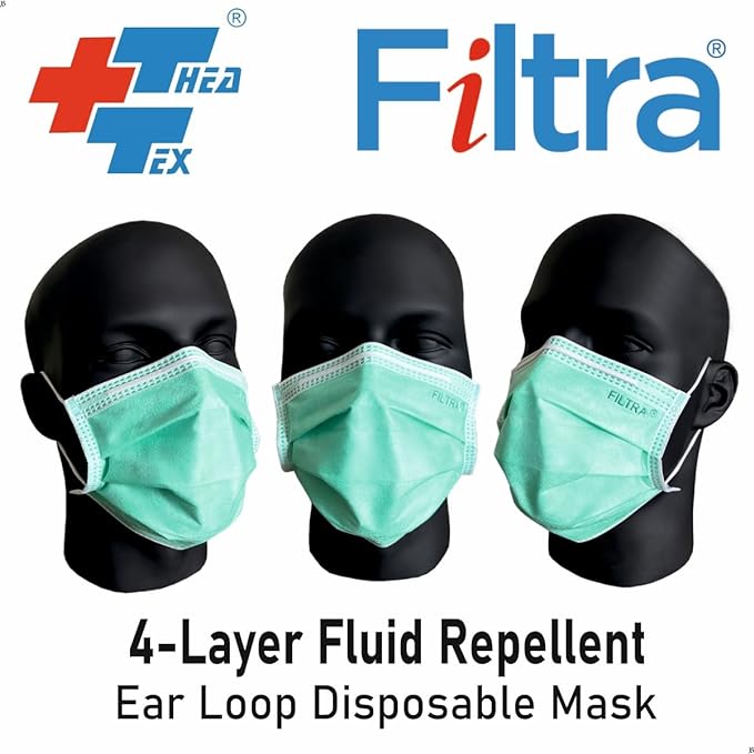 FILTRA 4-layer light blue disposable mask with ear loops. Fluid repellent.