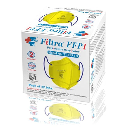 FILTRA® FFP1 Particulate Respirator Mask | Yellow Mask with Blue Ear Loops | Box of 50 Masks