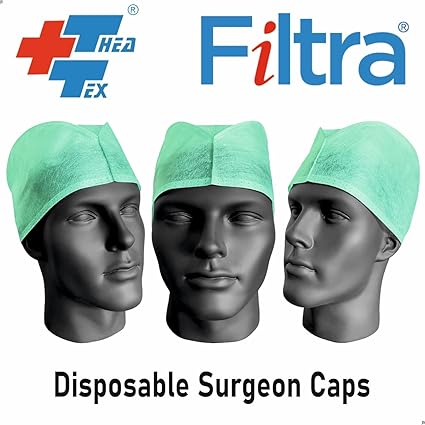 A box of FILTRA Surgeon's Caps, containing 100 blue caps.