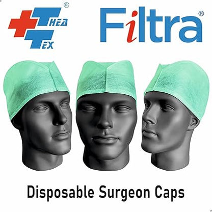 A box of FILTRA Surgeon's Caps, containing 100 blue caps.