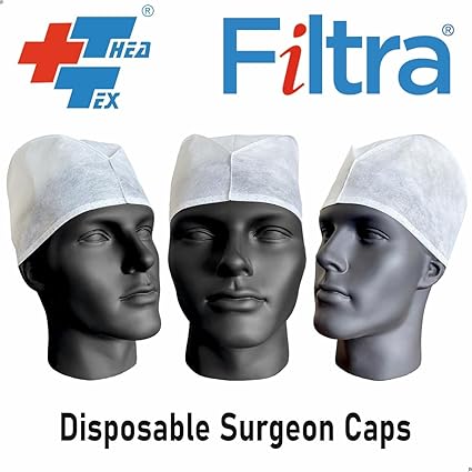 Three mannequins wearing FILTRA® Disposable Surgeon Caps.