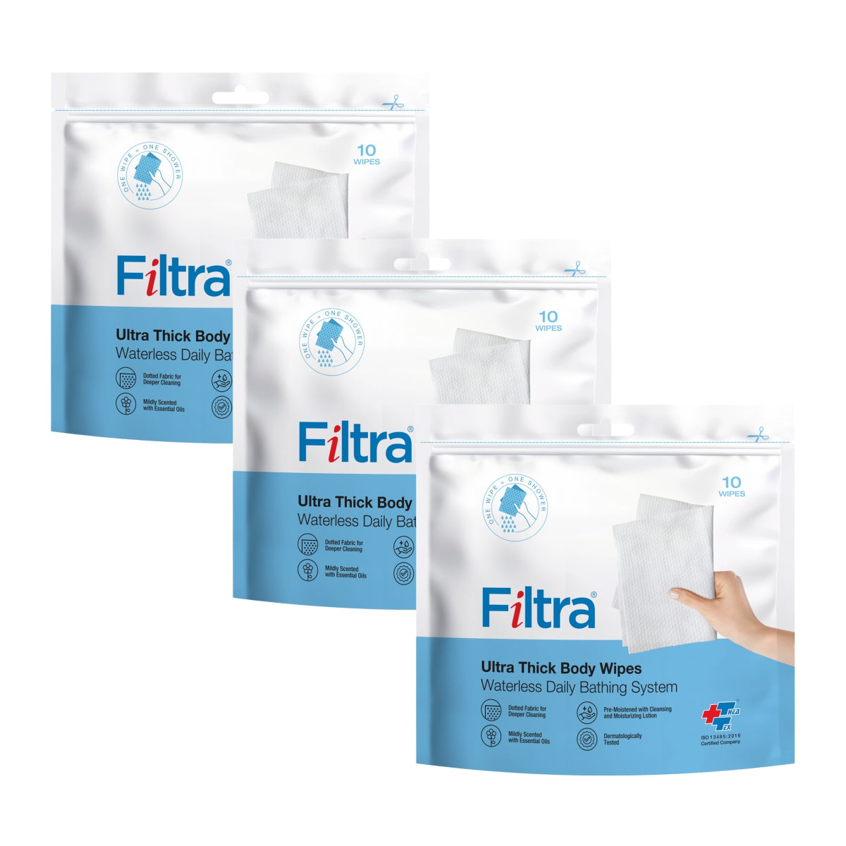 FILTRA® Ultra Thick Body Wipes | Re-Sealable Zip Lock Pouch of 10 Wipes