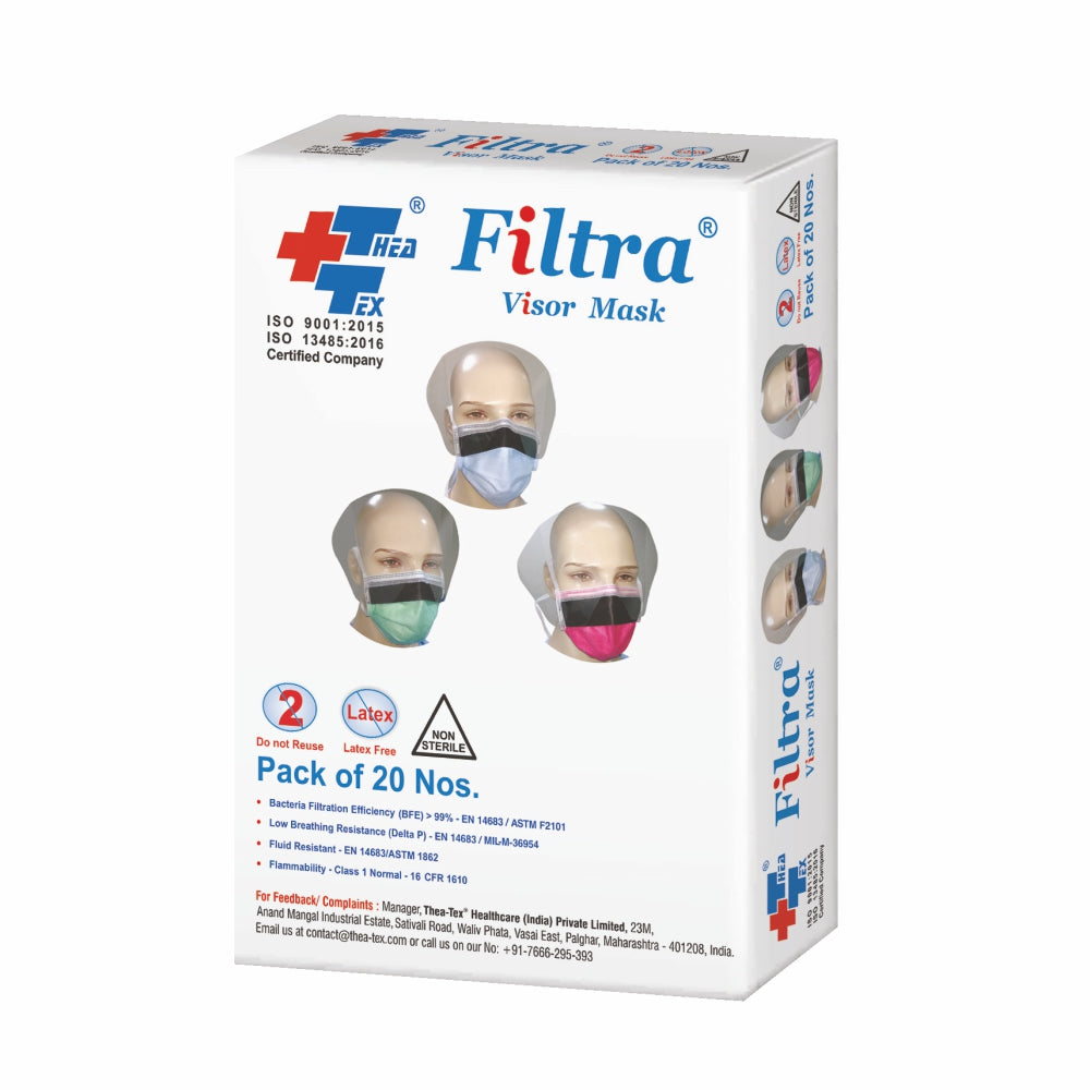 FILTRA® 4-Ply Tie On Visor Mask | Blue | Box of 20 Masks