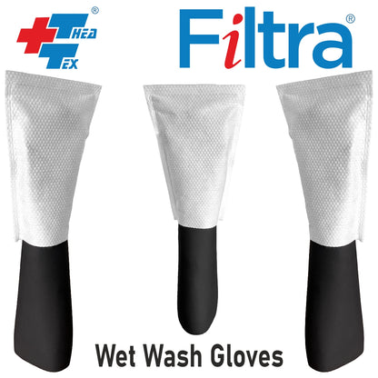 FILTRA® Disposable Wet Wash Gloves | Body Wipes | Re-Sealable Zip Lock Pouch of 10 Gloves | [10 count (Pack of 4)]