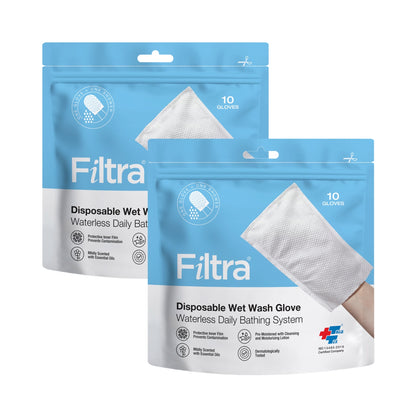 FILTRA® Disposable Wet Wash Gloves | Body Wipes |Re-Sealable Zip Lock Pouch of 10 Gloves