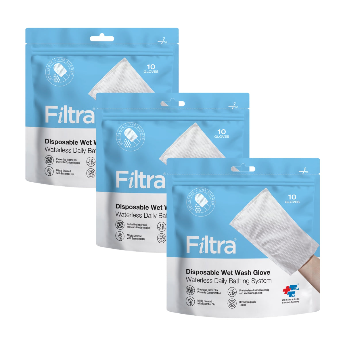 FILTRA® Disposable Wet Wash Gloves | Body Wipes |Re-Sealable Zip Lock Pouch of 10 Gloves