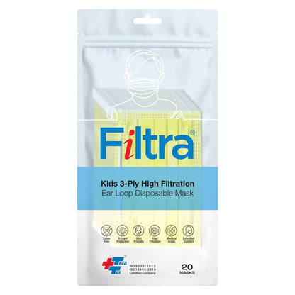 FILTRA® 3-Ply Ear Loop Kids Mask  | Yellow | Pouch of 20 Pcs Masks