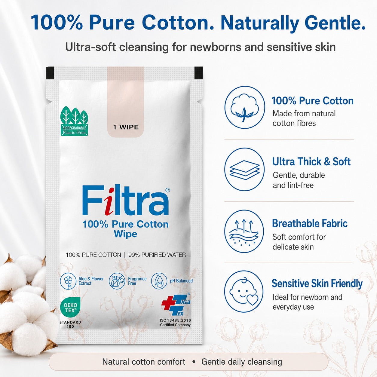 100% Pure Cotton Wipes-Box of 30 Single Sachets