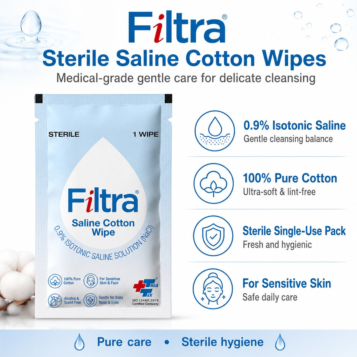 Sterile Saline Cotton Wipes-Box of 30 Single Sachets