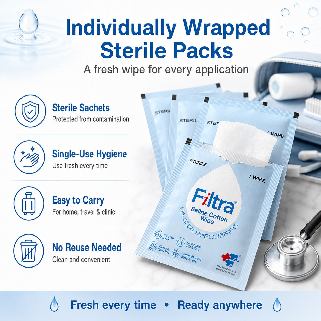 Sterile Saline Cotton Wipes-Box of 30 Single Sachets