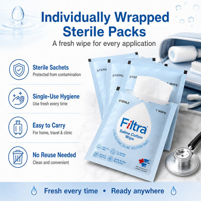 Sterile Saline Cotton Wipes-Box of 30 Single Sachets