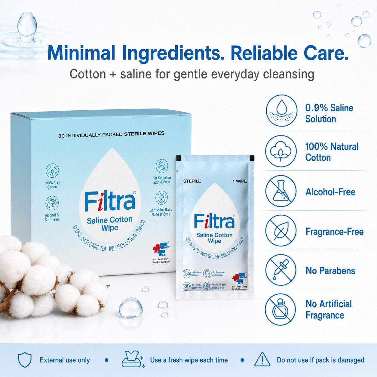 Sterile Saline Cotton Wipes-Box of 30 Single Sachets