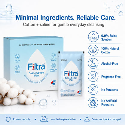 Sterile Saline Cotton Wipes-Box of 30 Single Sachets